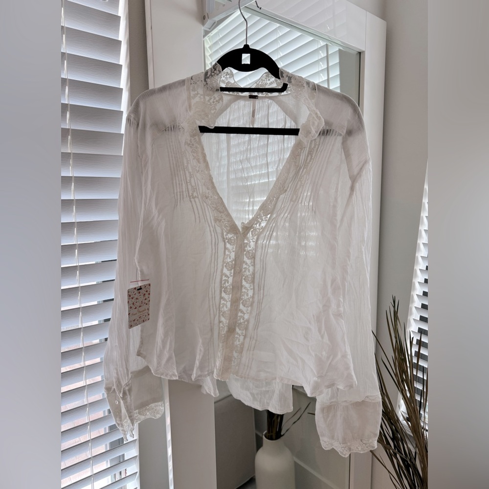 Free People White Sheer Lace-Trim Blouse - Picture 7 of 8